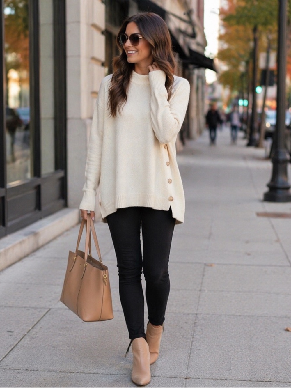 SHOP THE MINT Women's Elegant Cream Turtleneck Tunic Sweater Button Accents L